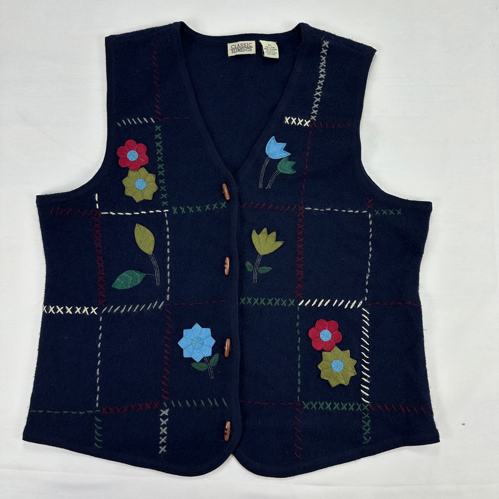 Classic Elements Wool Plaid Floral Embroidered Vest Women's XL‎ Button Front